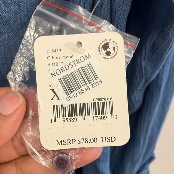 Free people Kelsey Peasant Blouse Blue Metal Bell sleeves Cottagecore Fairycore - Picture 8 of 12